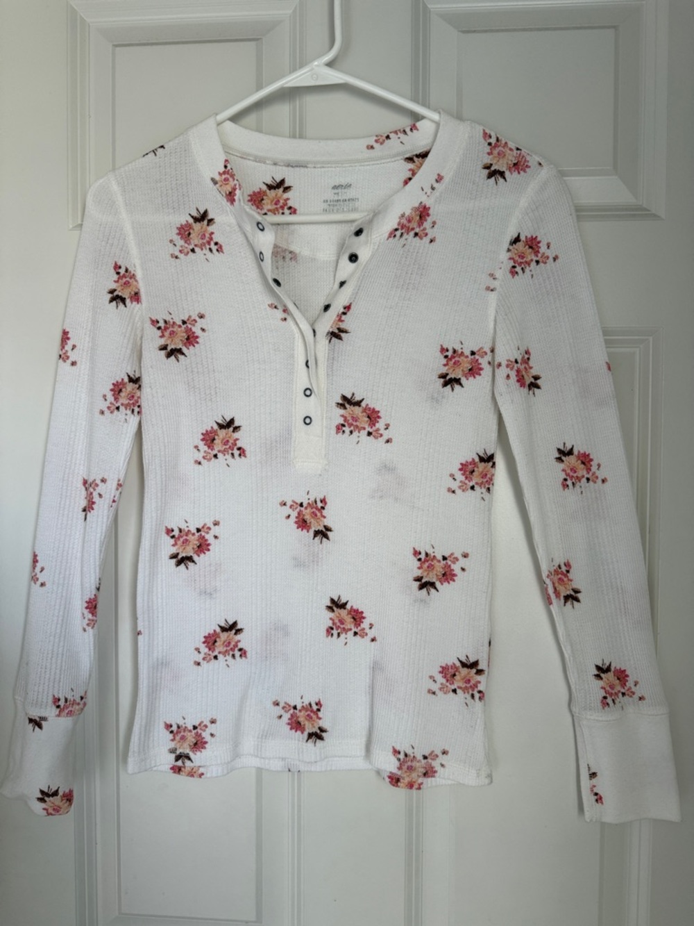 Aerie White Floral Henley Thermal Top with upper snap button down opening